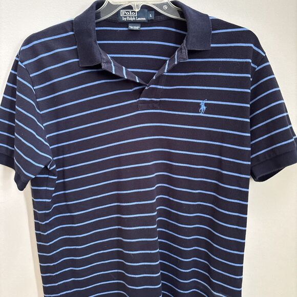 Polo Ralph Lauren Y2K Designer Cotton Prepster SoHo Striped Blue Polo Shirt SzL - Picture 1 of 4